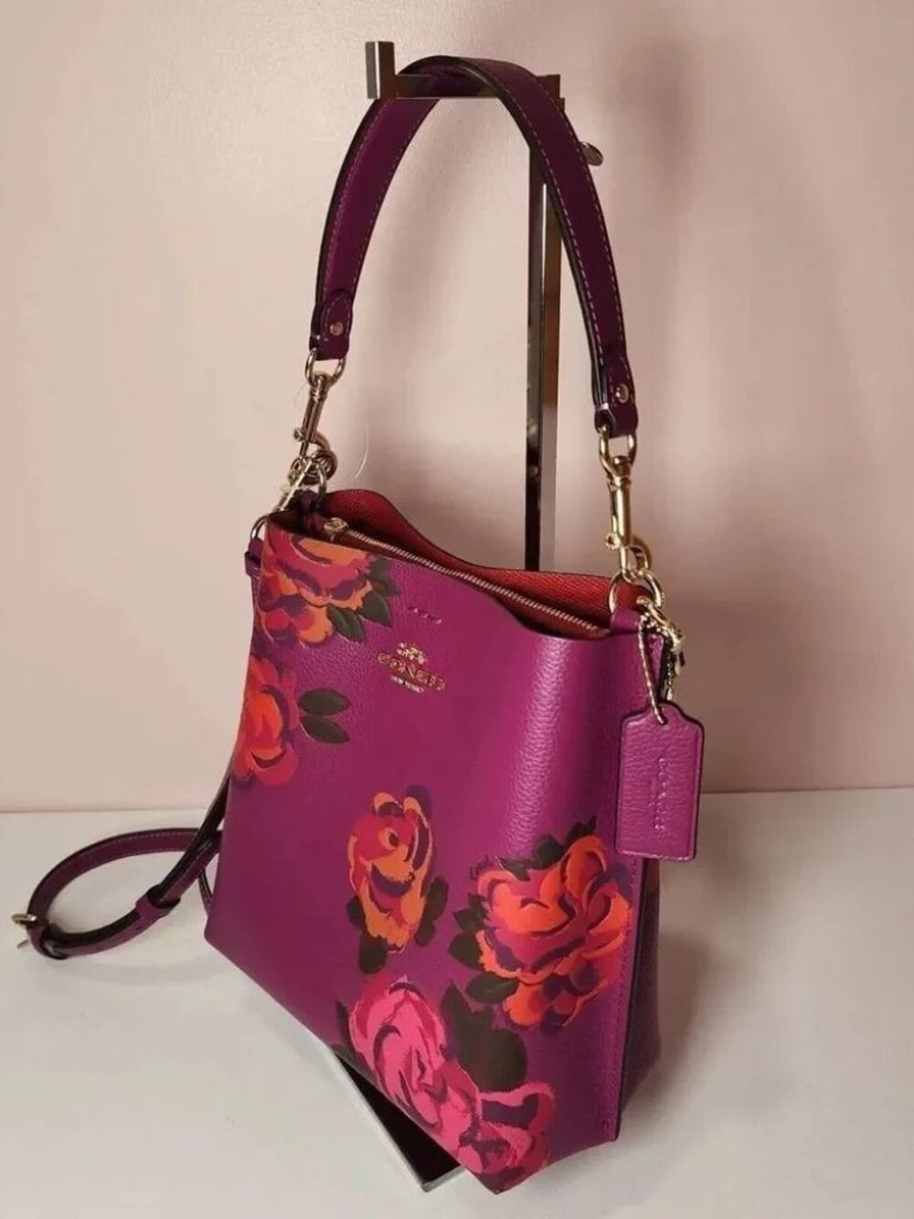 Coach Mollie Bucket Bag Jumbo Floral Print Dark Magenta Leather - Picture 3 of 8